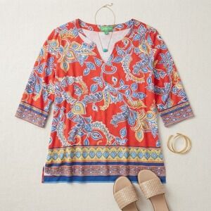 Pappagallo Tunic Top Womens XL Red Paisley Floral 3/4 Sleeve Boho Coastal Shirt